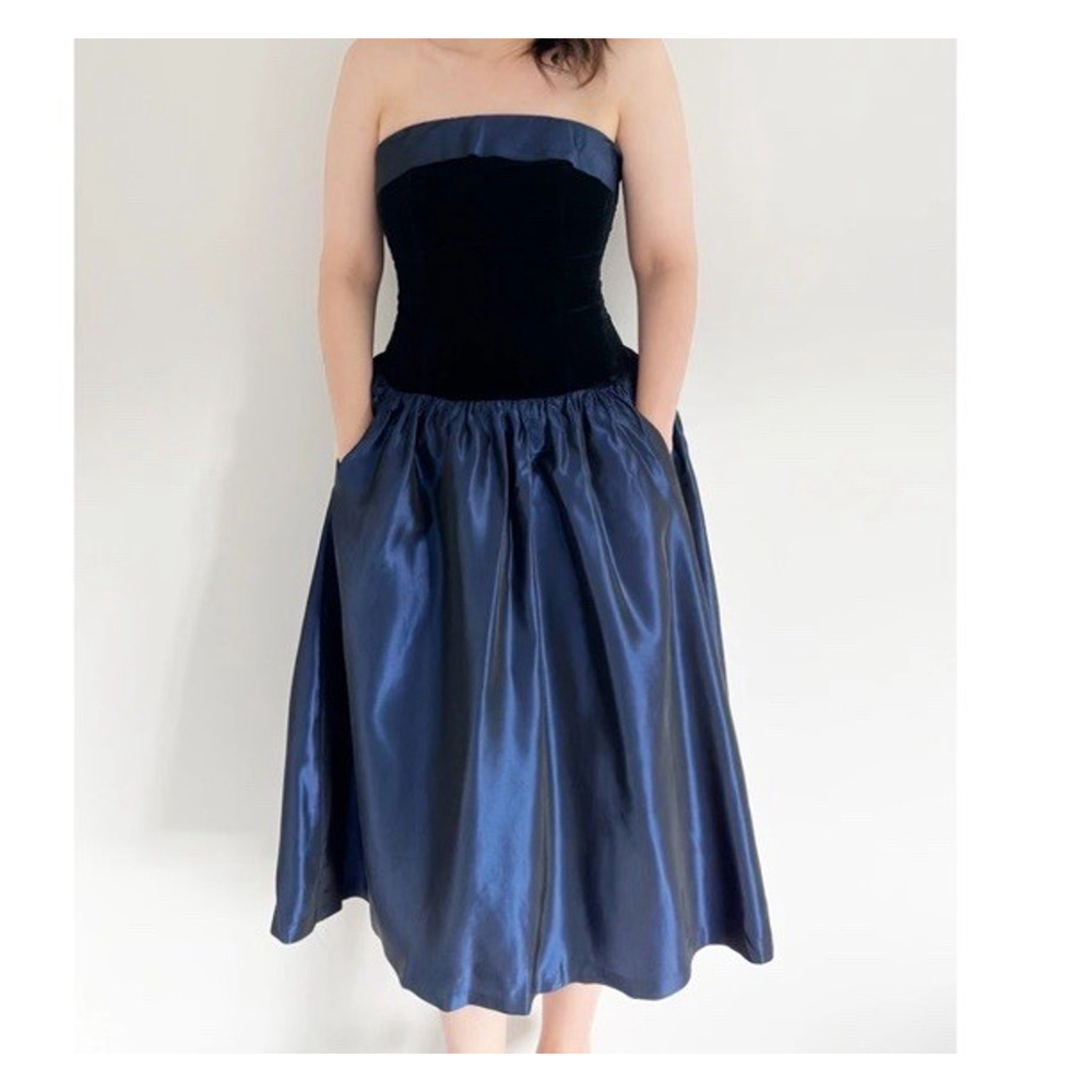 VTG 80s Laura Ashley Party Dress Black Velvet Bodice Blue Taffeta Skirt Formal